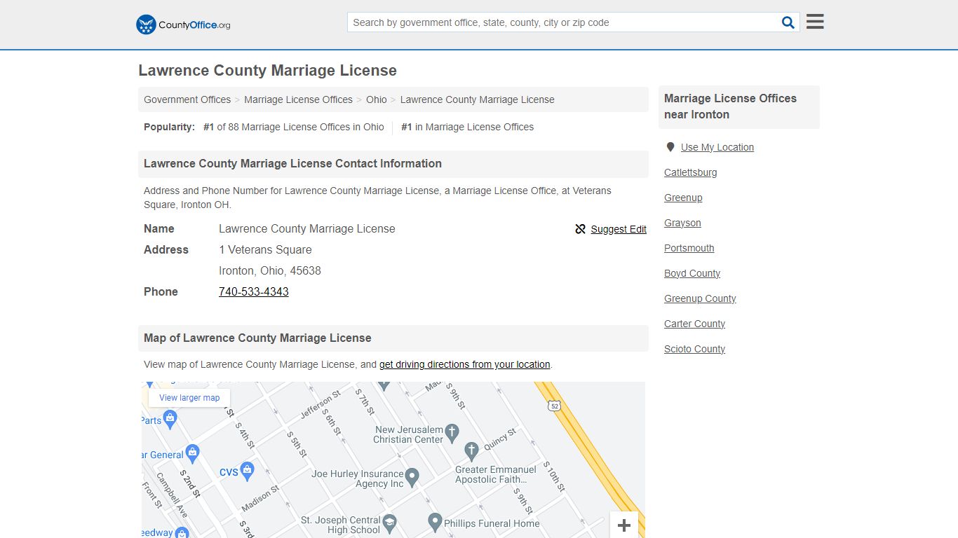 Lawrence County Marriage License - Ironton, OH (Address and Phone)